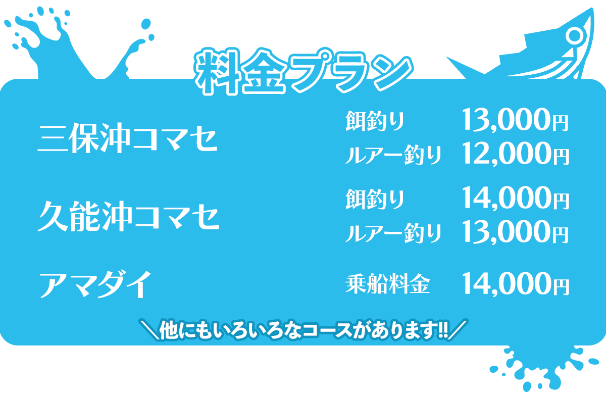駿河湾内カツオ釣り：餌釣り16,000円、ルアー釣り15,000円。石花海（コマセ、オニカサゴ、ヤリイカ）乗船料金16,000円。他にも多彩なコースをご用意。